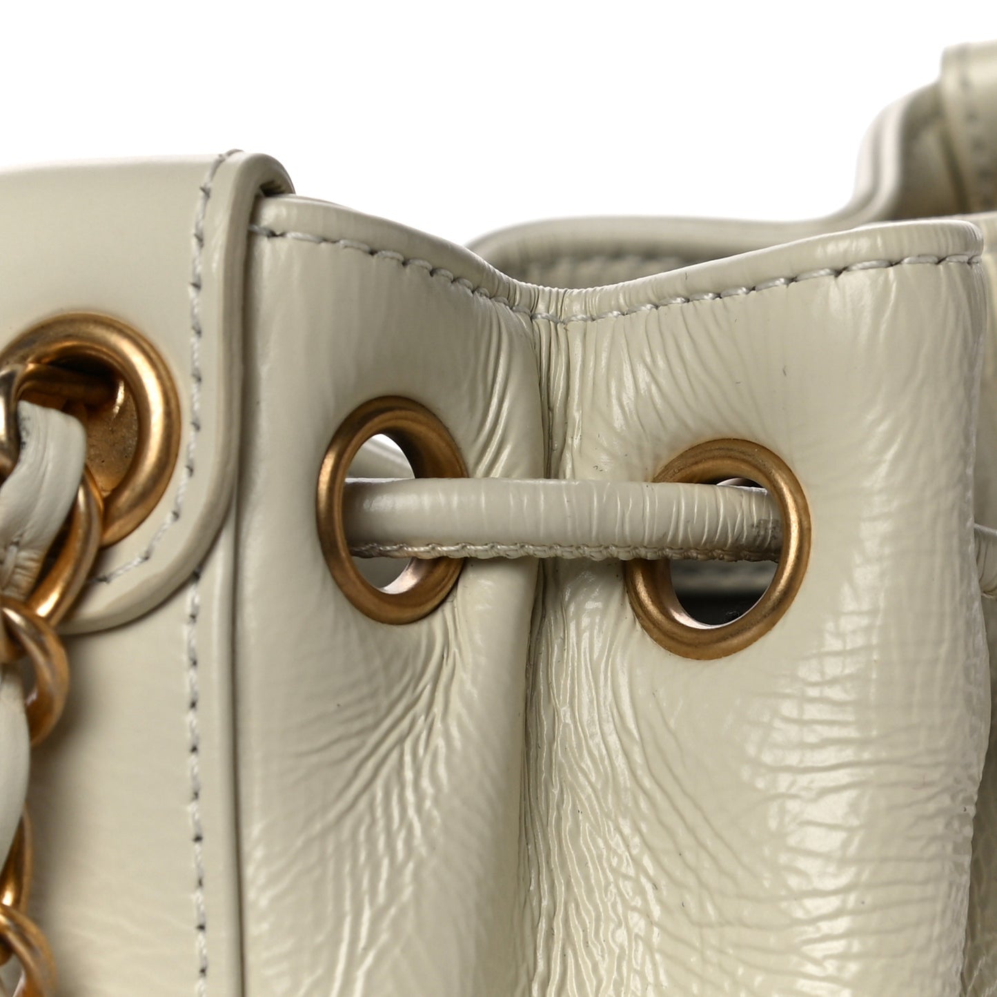 Shiny Aged Calfskin CC Chain Mini Drawstring Bag White