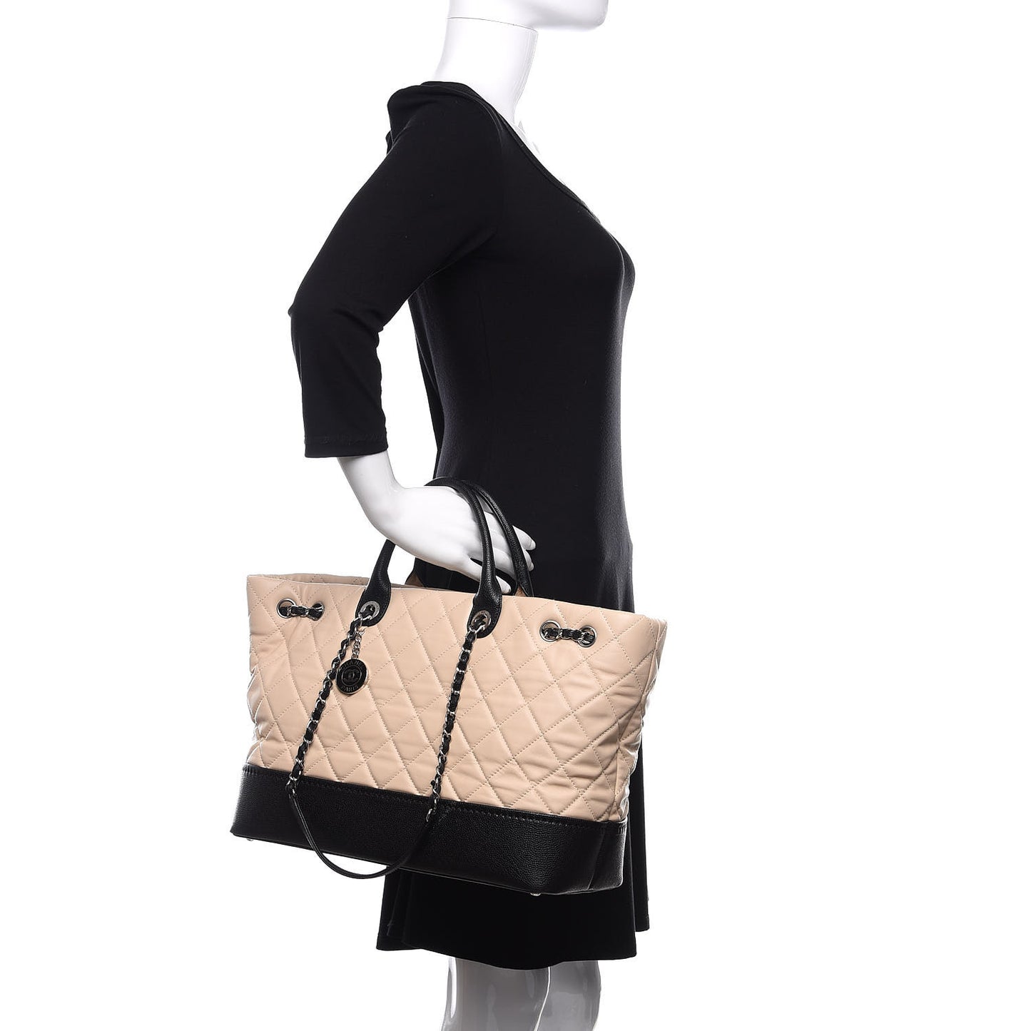 Calfskin Caviar Quilted Large Shopping Tote Beige
