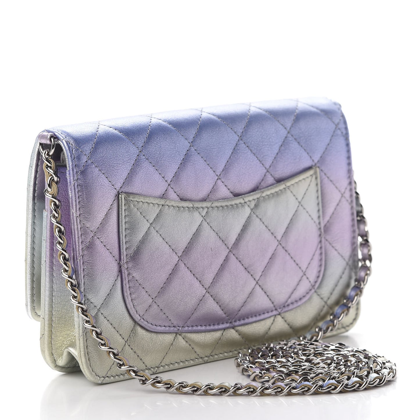 Gradient Metallic Calfskin Quilted Wallet On Chain WOC Silver Blue Yellow Purple