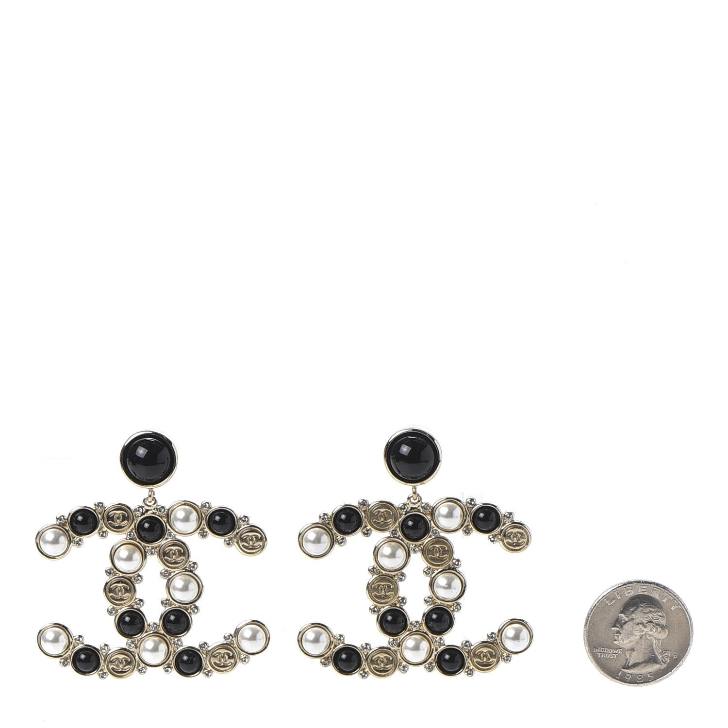 Chanel Crystal Pearl Metal Resin Polka Dot CC Drop Earrings Black Gold 2 of 7