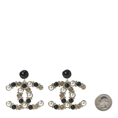 Chanel Crystal Pearl Metal Resin Polka Dot CC Drop Earrings Black Gold 2 of 7