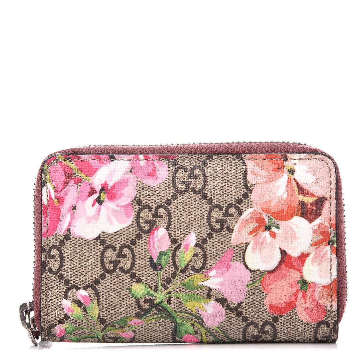 GG Supreme Monogram Blooms Zip Around Card Case Wallet Beige Multicolor Dry Rose