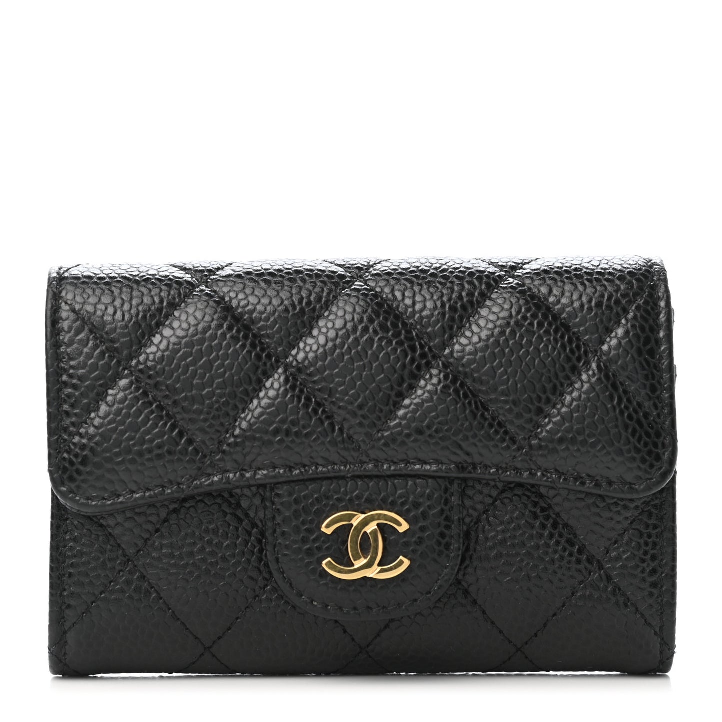 Caviar Quilted Flap Card Holder Wallet Black