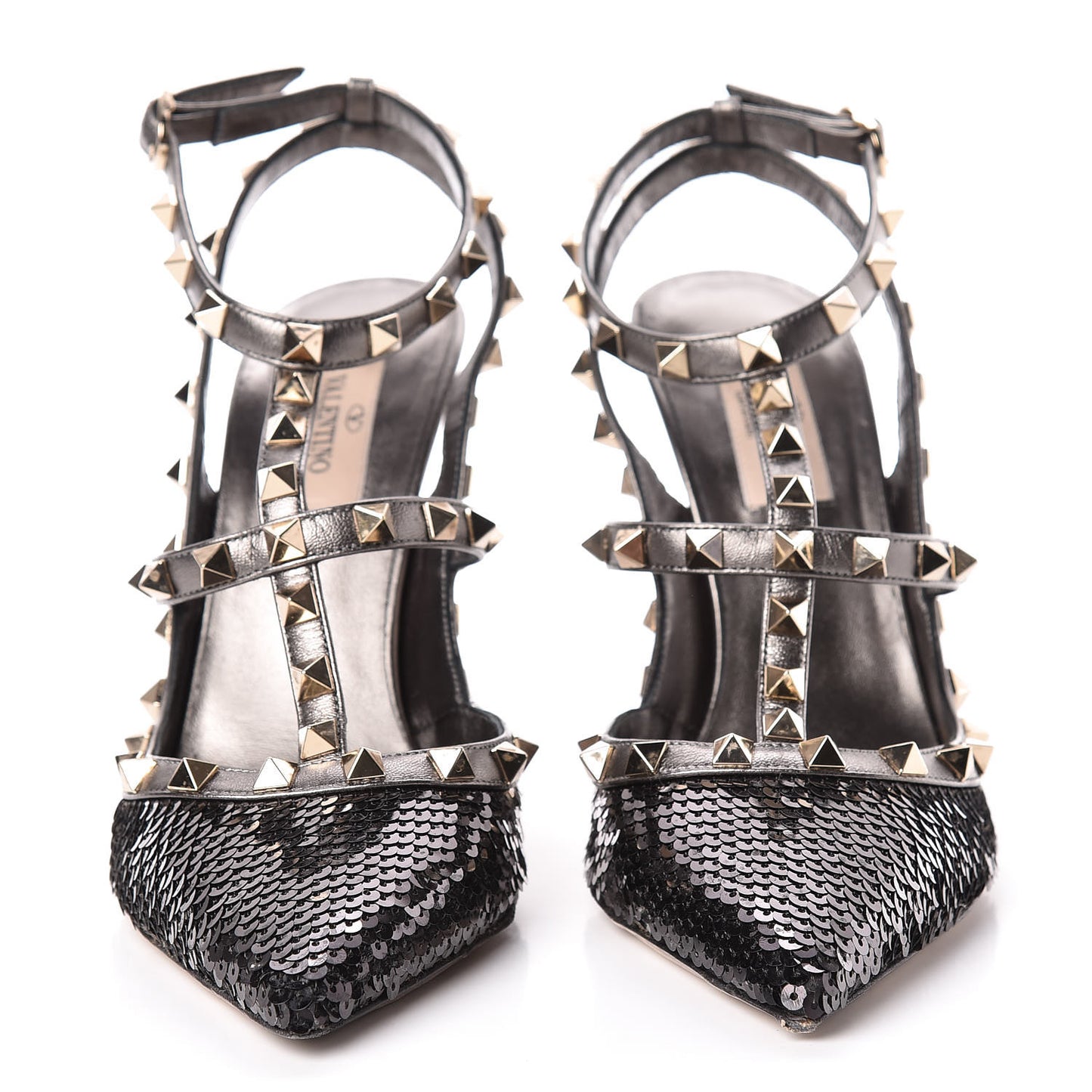 Sequin Metallic Nappa Rockstud Ankle Strap 100mm Pumps 38 Black Rutenio