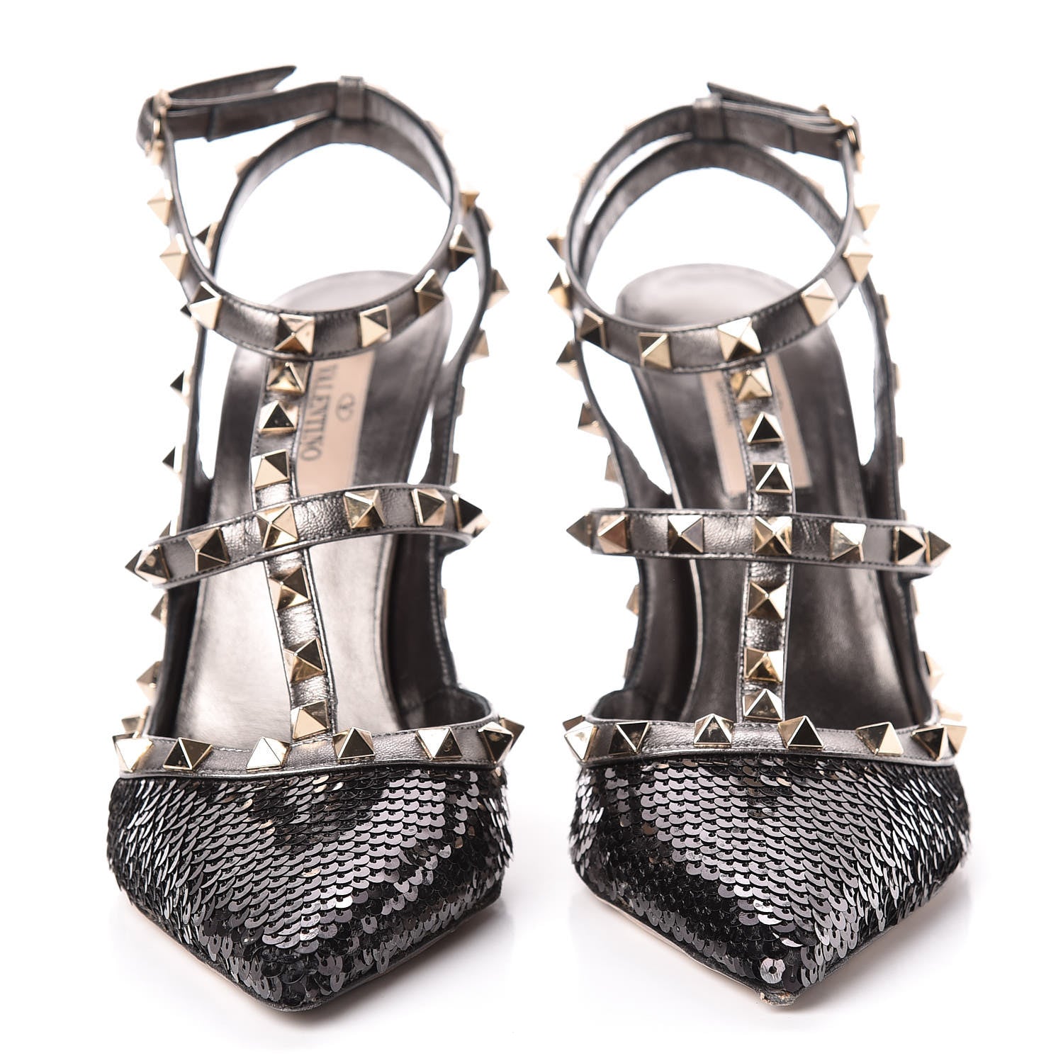 Valentino Garavani Sequin Metallic Nappa Rockstud Ankle Strap 100mm Pumps 38 Black Rutenio 2 of 14