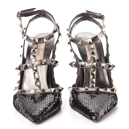 Valentino Garavani Sequin Metallic Nappa Rockstud Ankle Strap 100mm Pumps 38 Black Rutenio 2 of 14