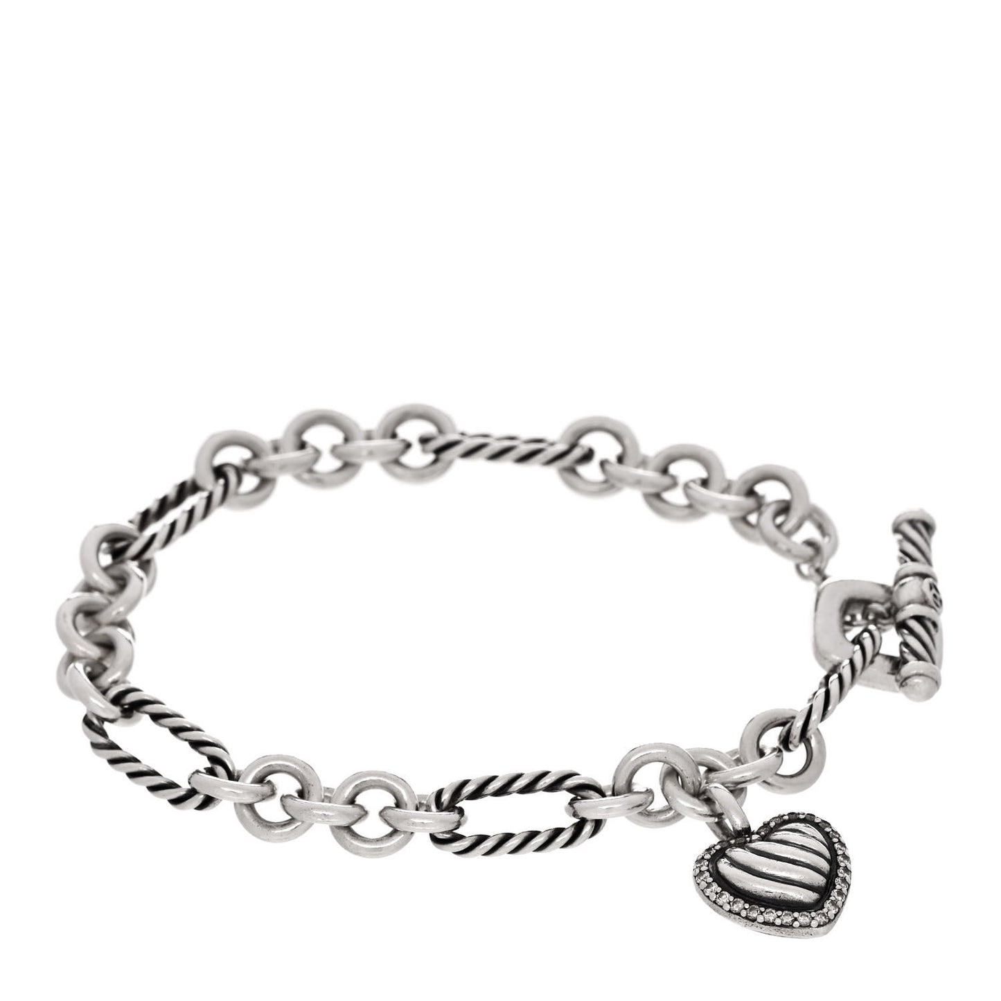 Sterling Silver Diamond Cable Heart Charm Bracelet