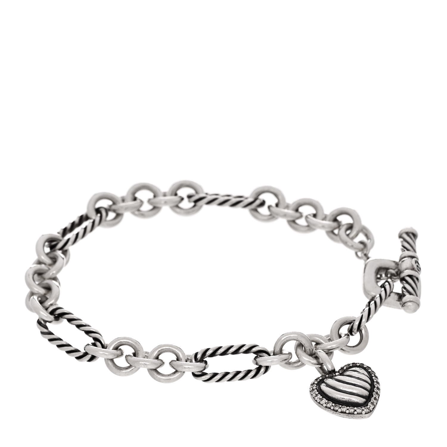 David Yurman Sterling Silver Diamond Cable Heart Charm Bracelet 1 of 3