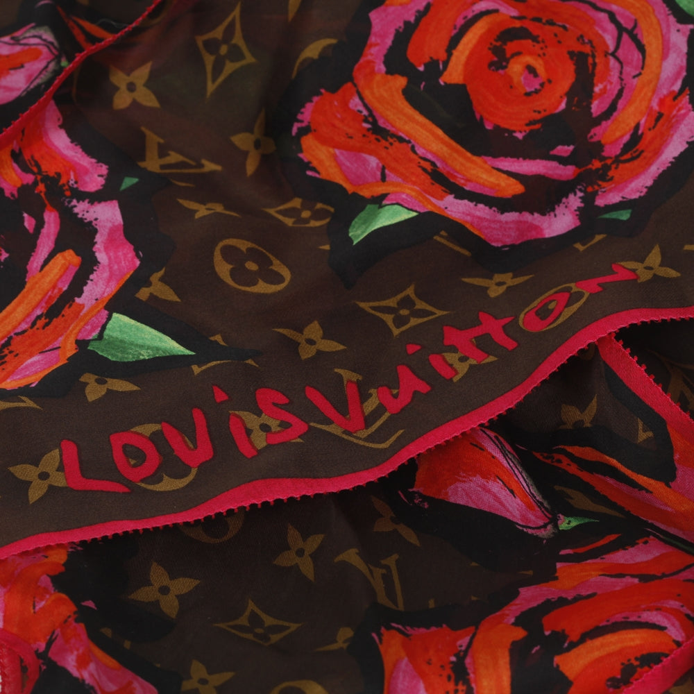 Silk Monogram Roses Scarf Marron