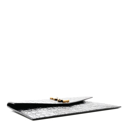 Saint Laurent Calfskin Crocodile Embossed Uptown Monogram Clutch Black 4 of 7