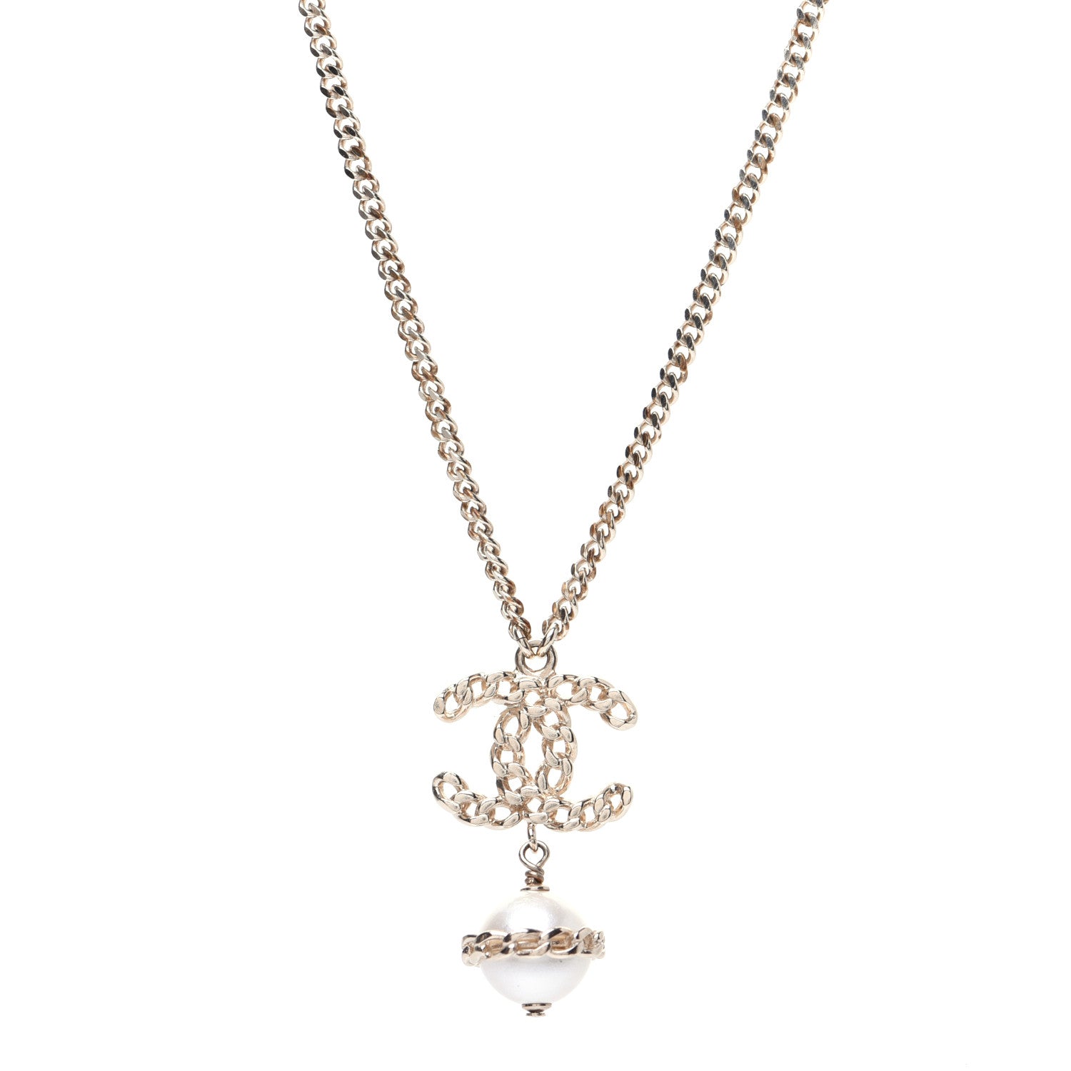 Chanel Chain CC Pearl Drop Necklace Gold 1 of 5