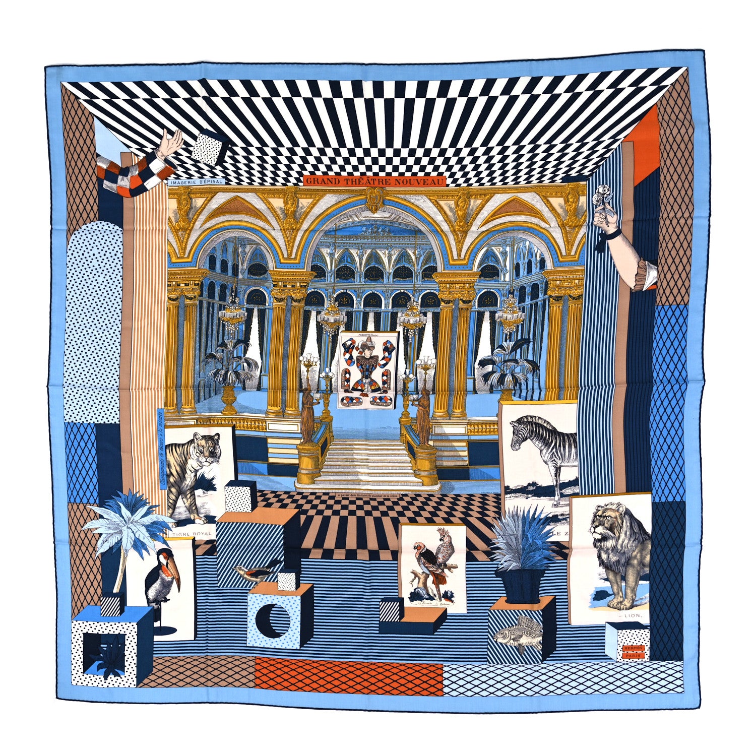 Hermes Cashmere Silk Grand Theatre Nouveau Shawl 140 Bleu Gold White 1 of 6