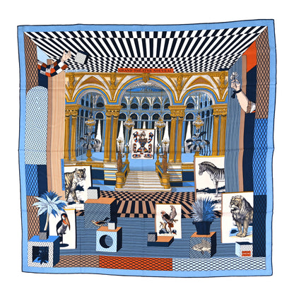 Hermes Cashmere Silk Grand Theatre Nouveau Shawl 140 Bleu Gold White 1 of 6