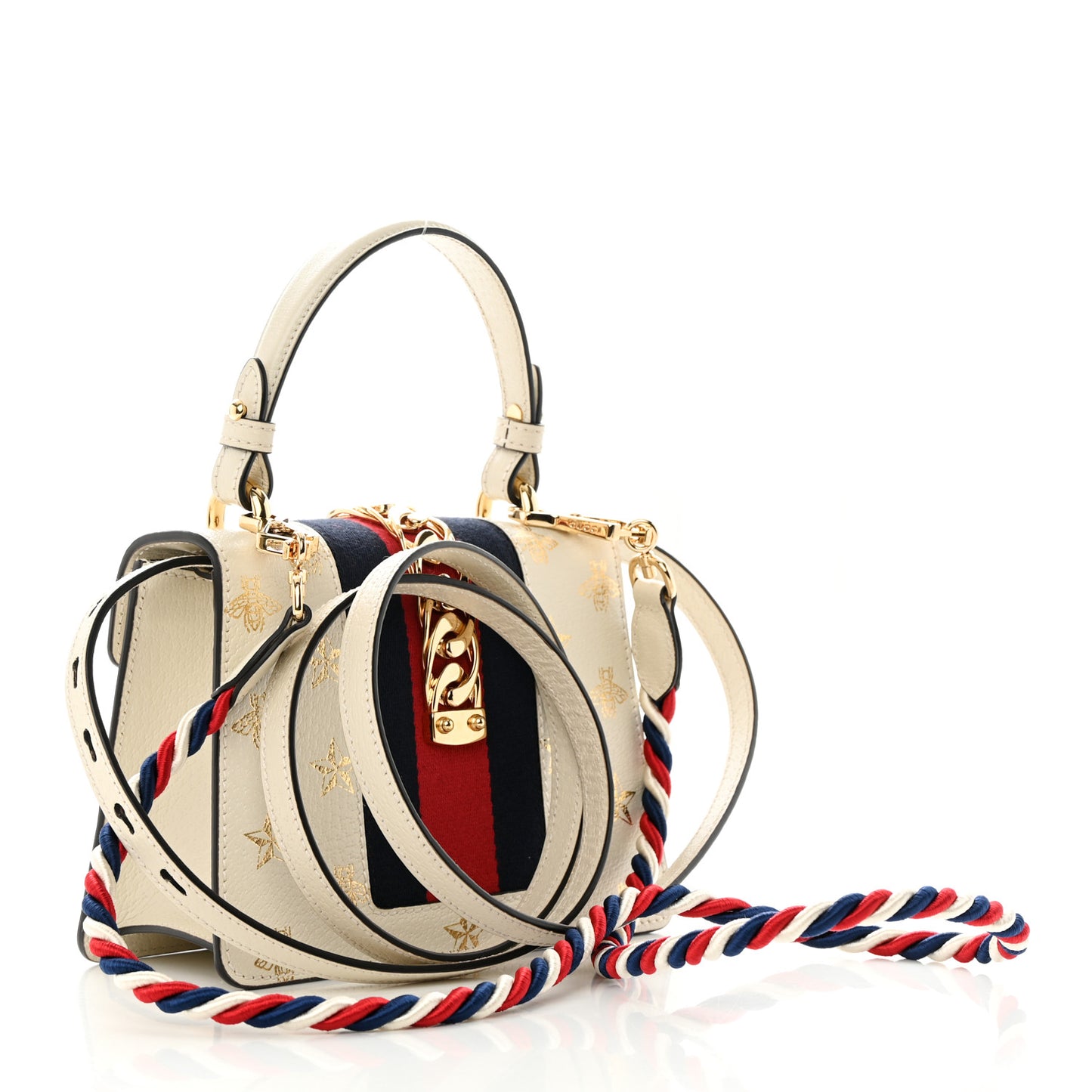 Textured Calfskin Bee Star Print Mini Sylvie Top Handle Bag Mystic White