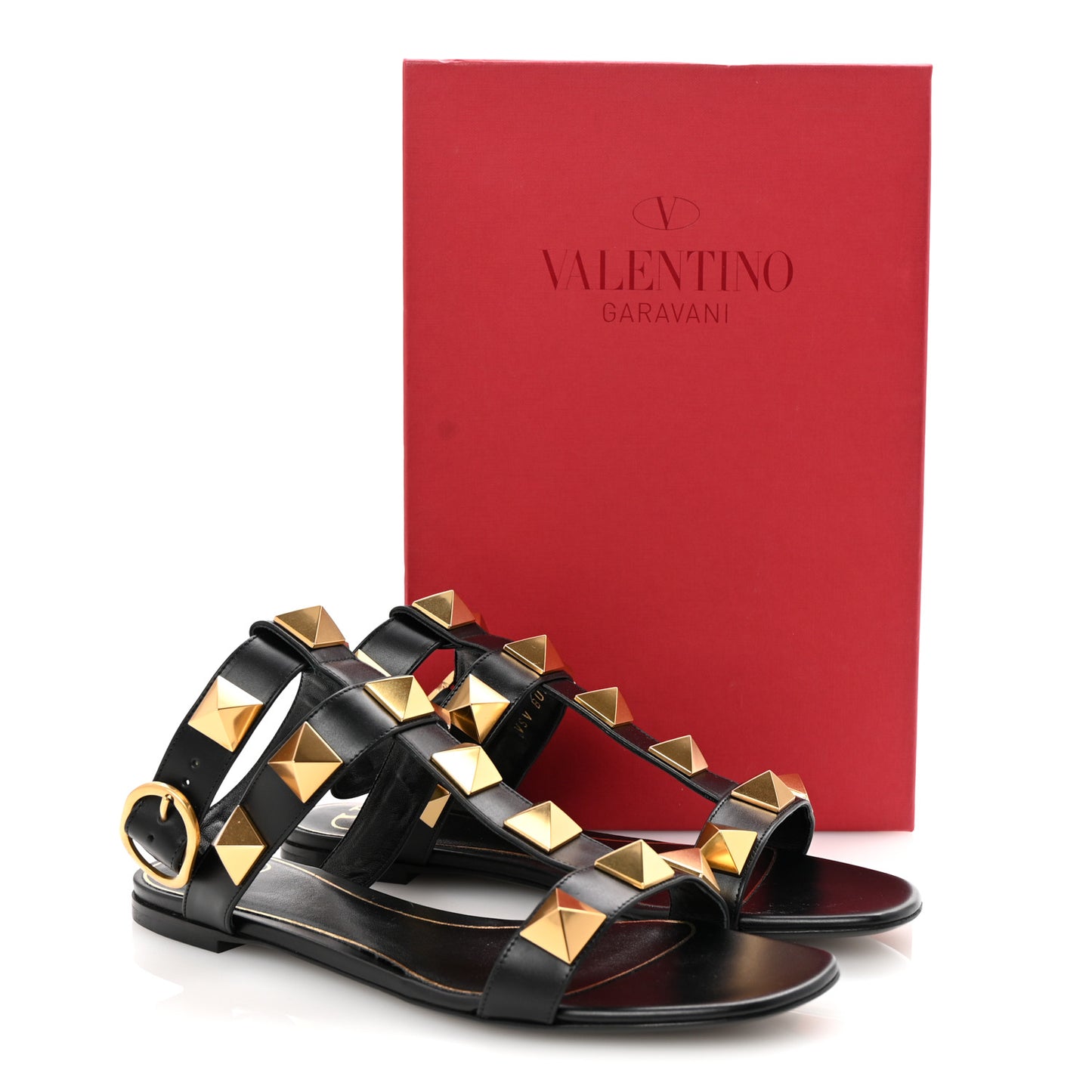 Calfskin Roman Stud Ankle Strap Flat Sandals 38.5 Black