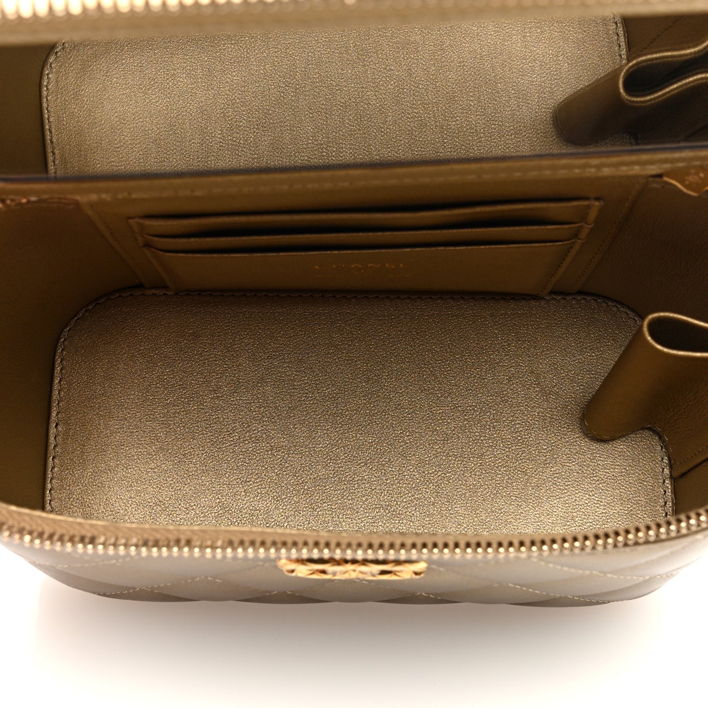 Metallic Lambskin Quilted Small CC Dynasty Vanity Case With Chain Gold