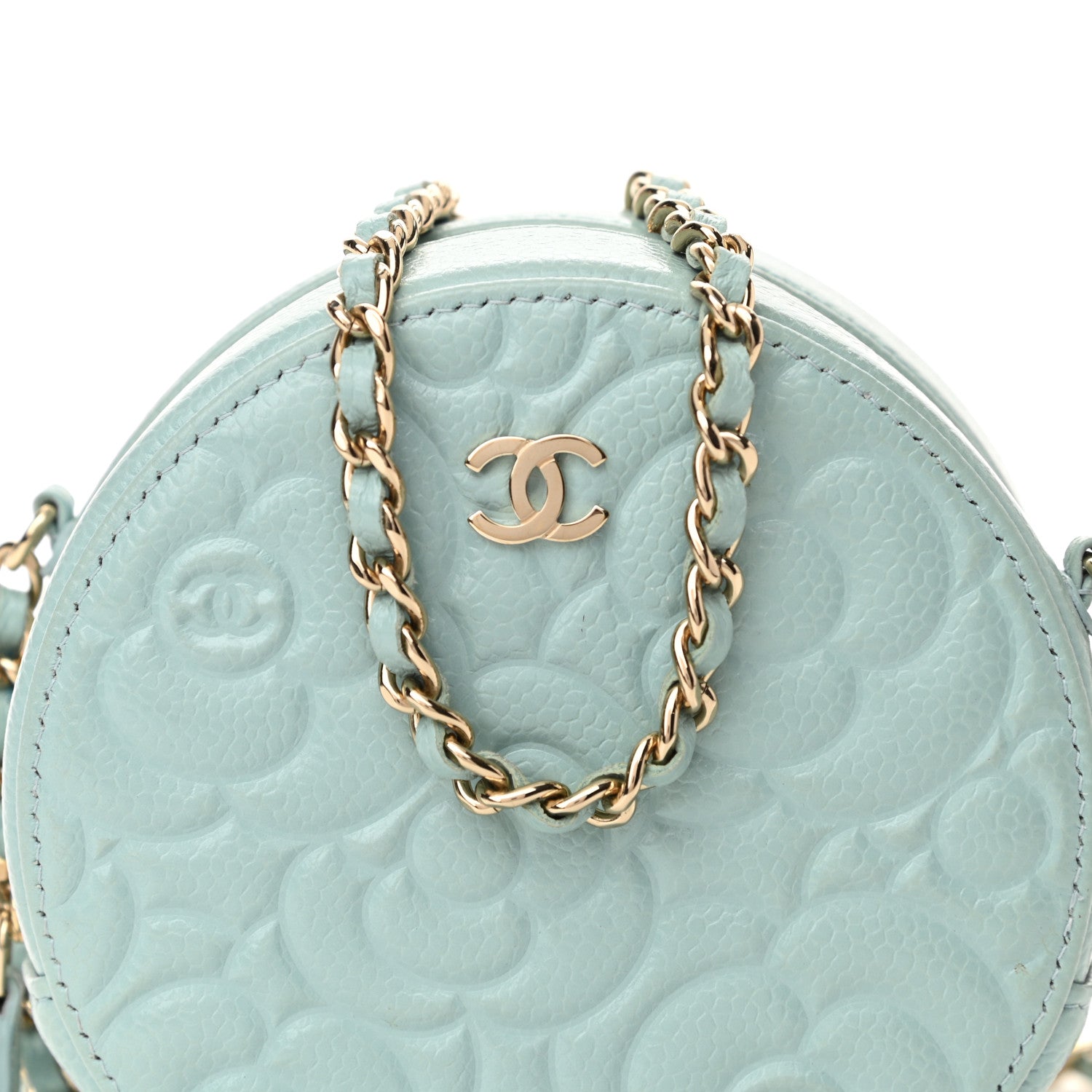 Chanel Caviar Camellia Embossed Round Clutch With Chain Light Blue 8 of 11