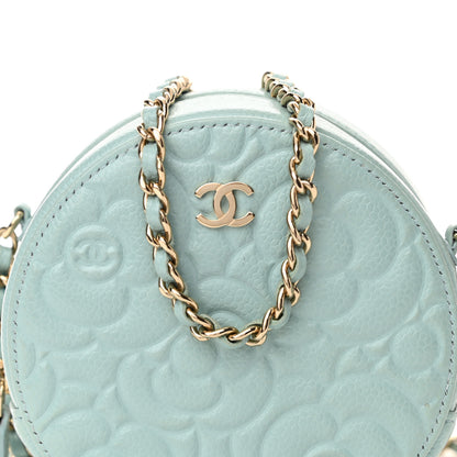 Chanel Caviar Camellia Embossed Round Clutch With Chain Light Blue 8 of 11