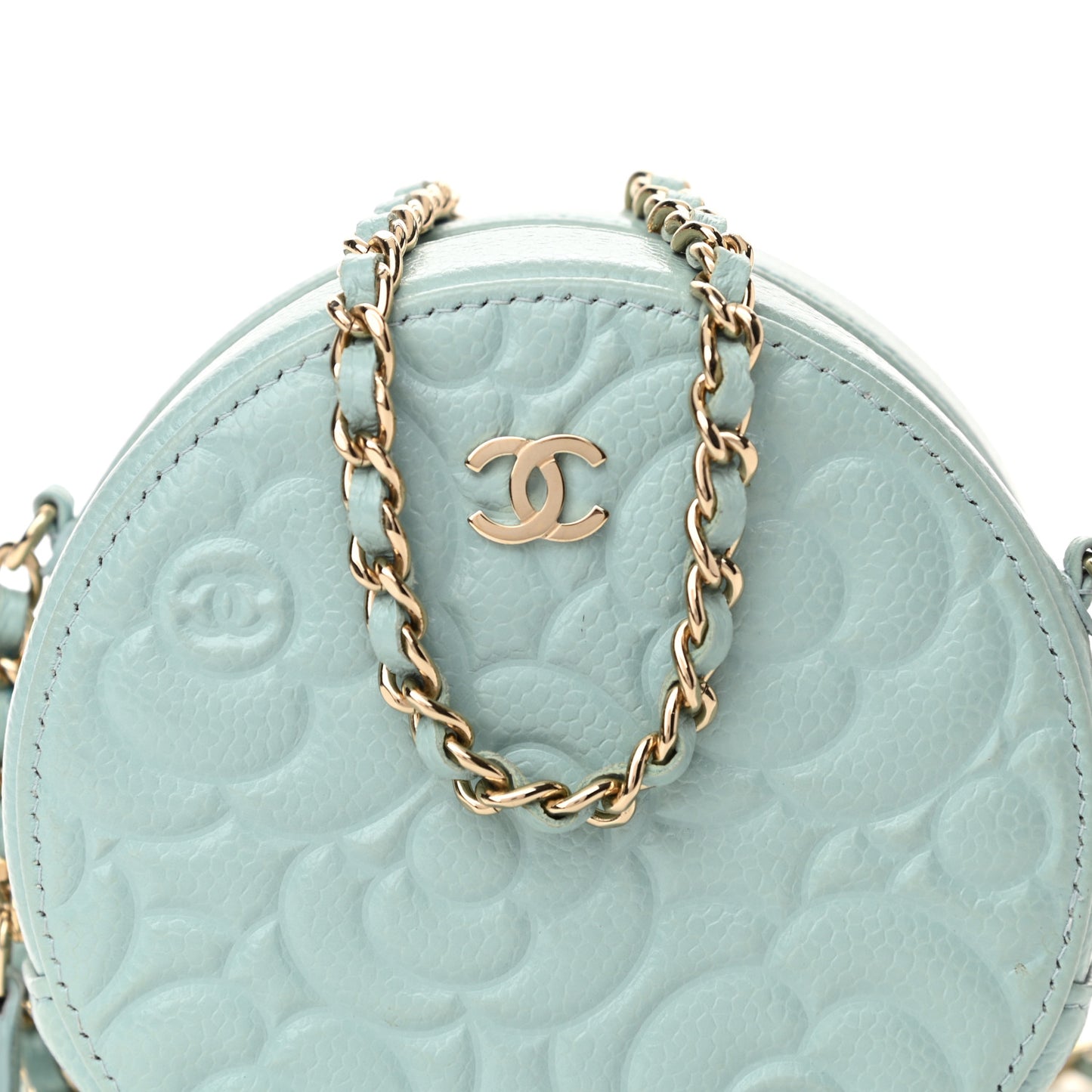 Caviar Camellia Embossed Round Clutch With Chain Light Blue