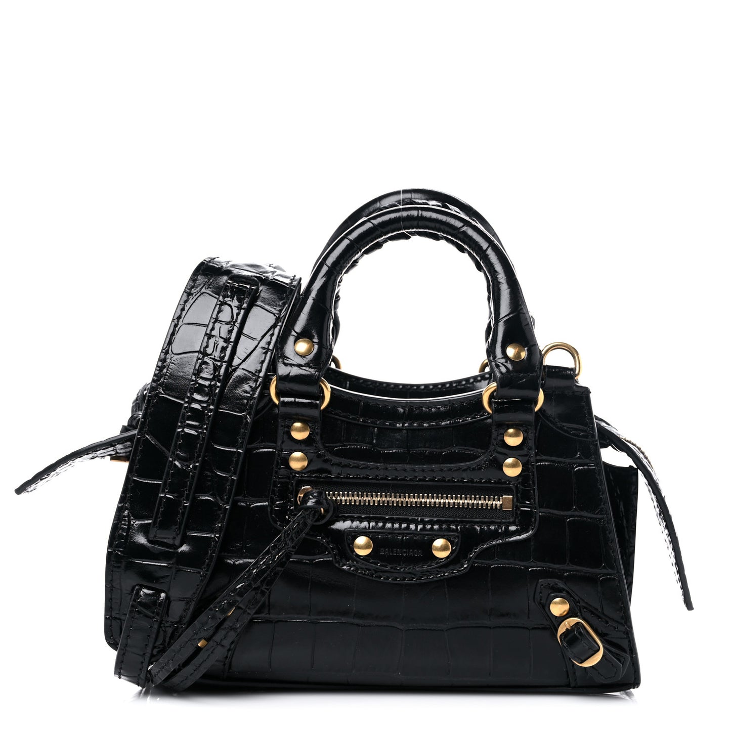 Shiny Supple Calfskin Crocodile Embossed Neo Classic Gold Hardware Nano City Crossbody Black