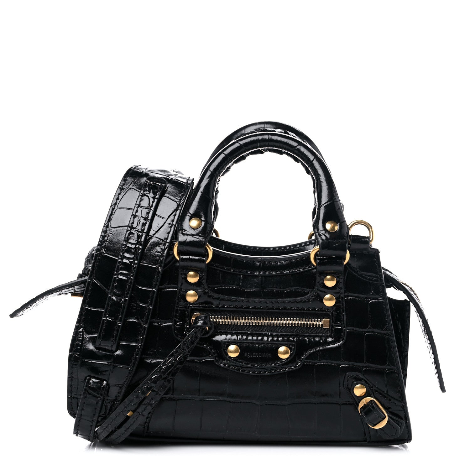 Balenciaga Shiny Supple Calfskin Crocodile Embossed Neo Classic Gold Hardware Nano City Crossbody Black 1 of 10
