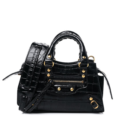 Balenciaga Shiny Supple Calfskin Crocodile Embossed Neo Classic Gold Hardware Nano City Crossbody Black 1 of 10