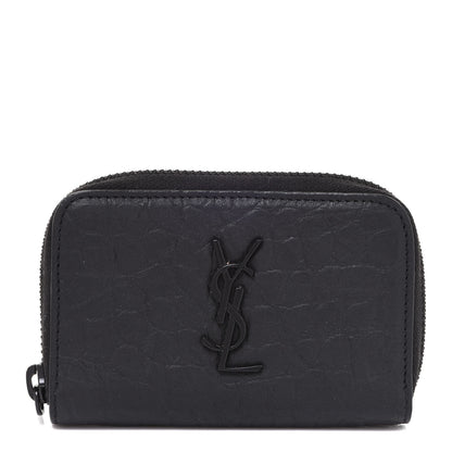 Saint Laurent Calfskin Crocodile Embossed Monogram Zip Coin Purse Black 1 of 7