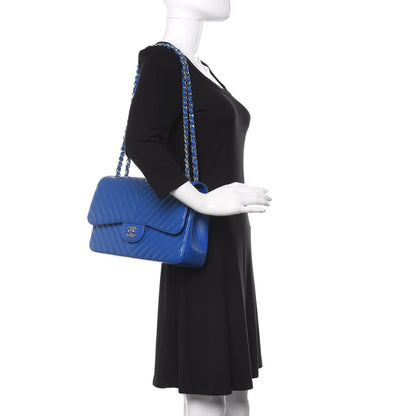 Chanel Caviar Chevron Quilted Jumbo Double Flap Blue 2 of 12