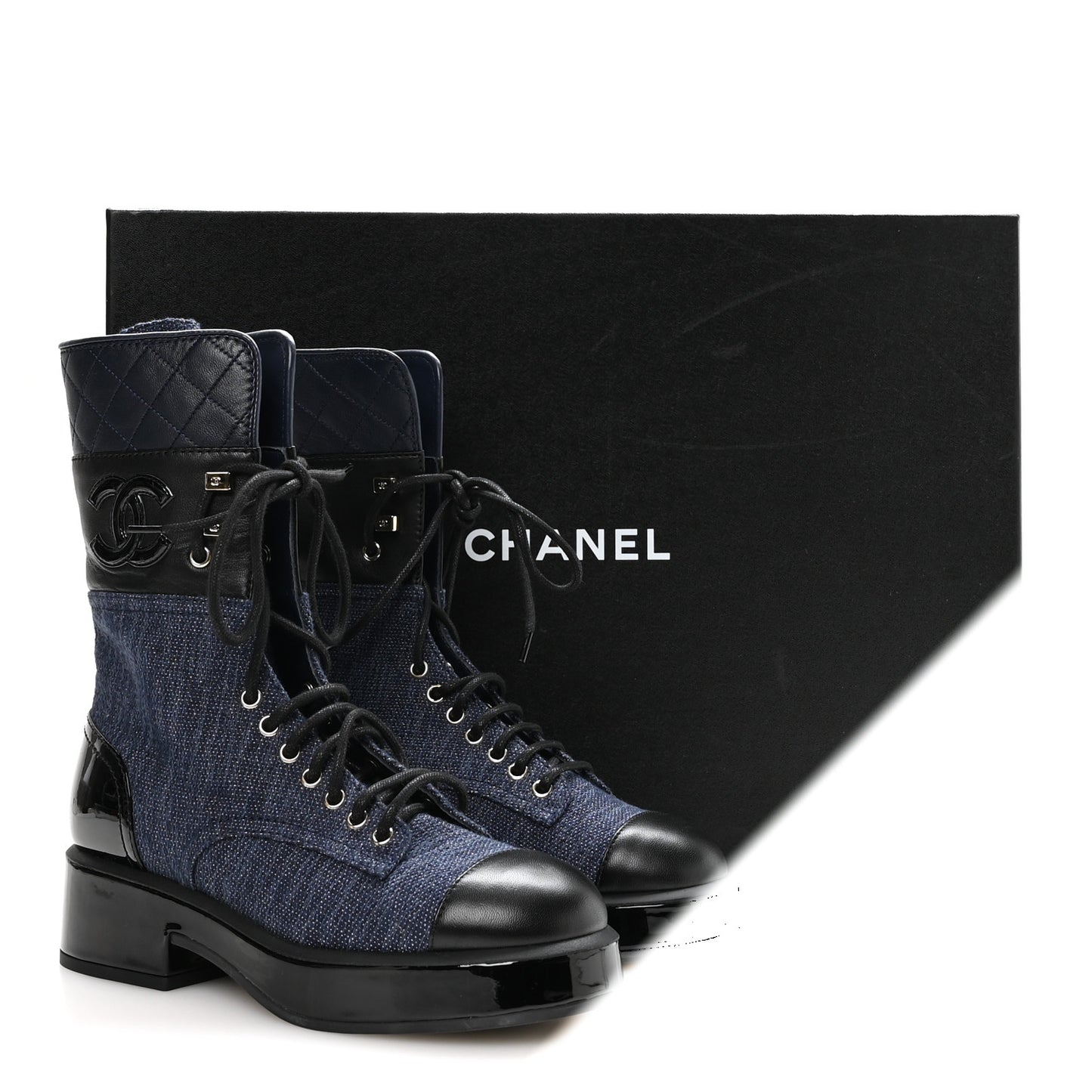 Fabric Patent Lambskin Quilted CC Lace Up Combat Boots 36.5 Navy Blue Black