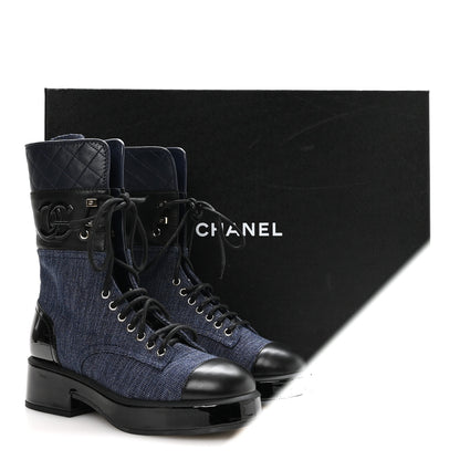 Chanel Fabric Patent Lambskin Quilted CC Lace Up Combat Boots 36.5 Navy Blue Black 9 of 9