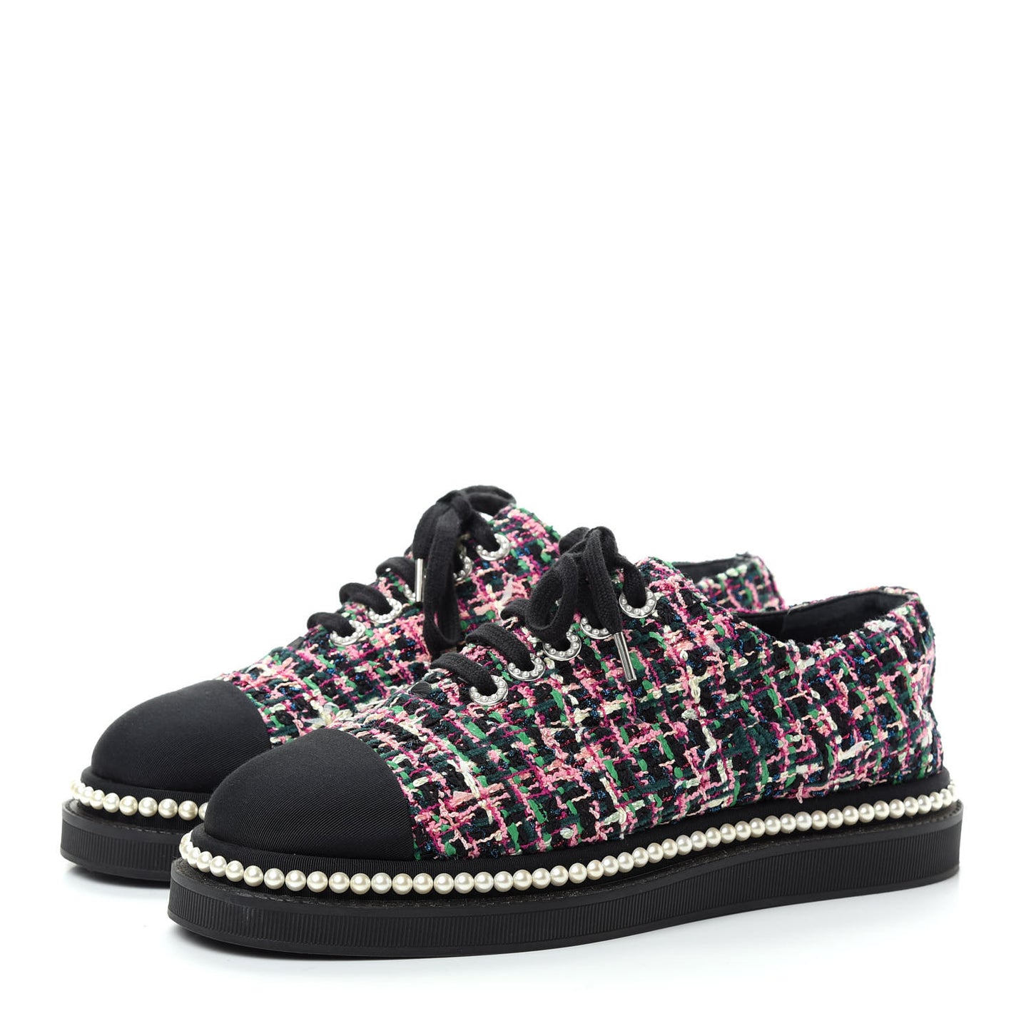 Metallic Tweed Grosgrain Pearl Lace Up Sneakers 39 Black Multicolor