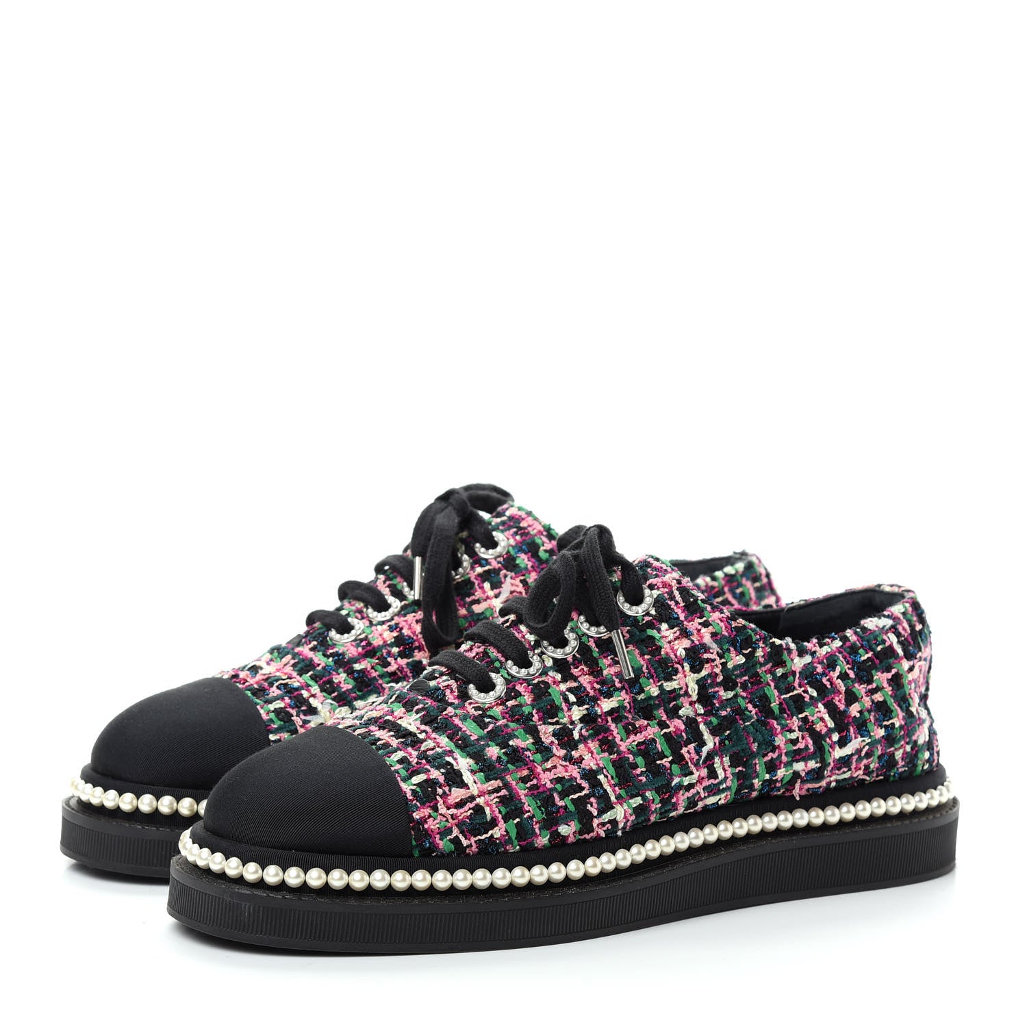 Chanel Metallic Tweed Grosgrain Pearl Lace Up Sneakers 39 Black Multicolor 3 of 10