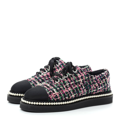 Chanel Metallic Tweed Grosgrain Pearl Lace Up Sneakers 39 Black Multicolor 3 of 10