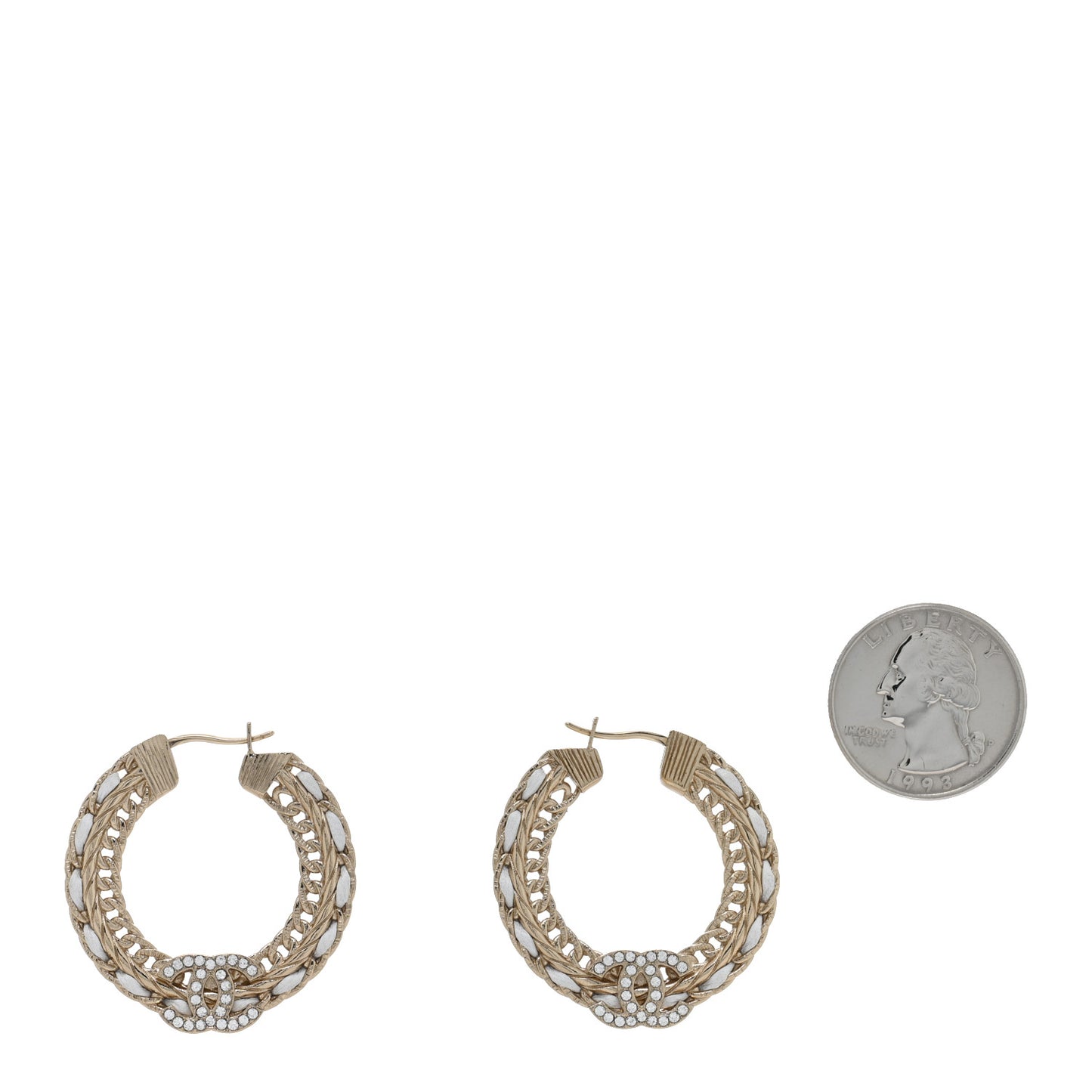 Crystal Lambskin CC Chain Hoop Earrings Gold White