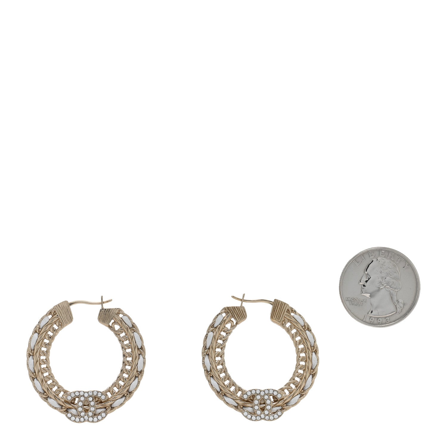 Chanel Crystal Lambskin CC Chain Hoop Earrings Gold White 2 of 4
