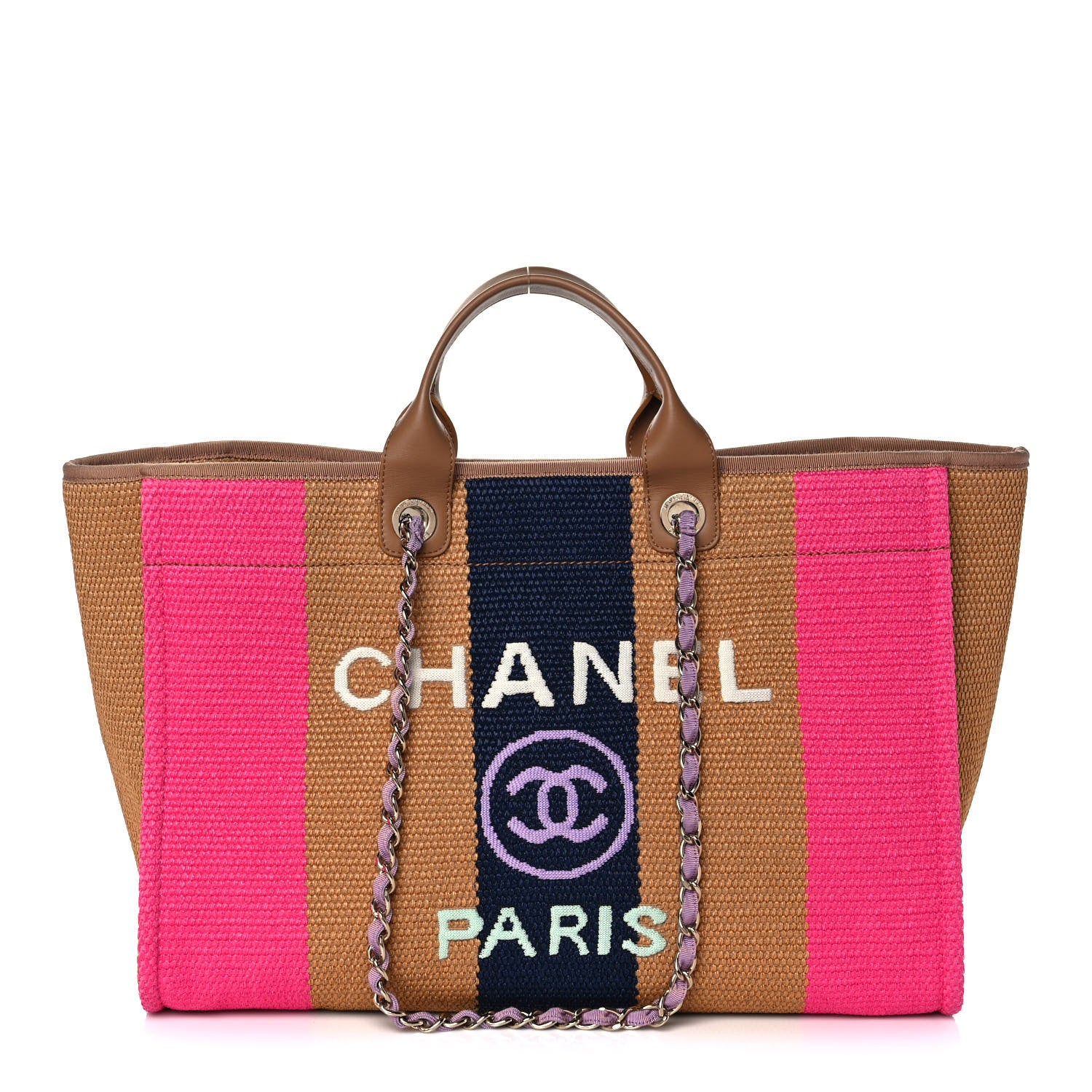 Chanel Straw Raffia Calfskin Striped Large Deauville Tote Dark Beige Fuchsia Navy Blue 1 of 10