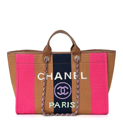 Chanel Straw Raffia Calfskin Striped Large Deauville Tote Dark Beige Fuchsia Navy Blue 1 of 10