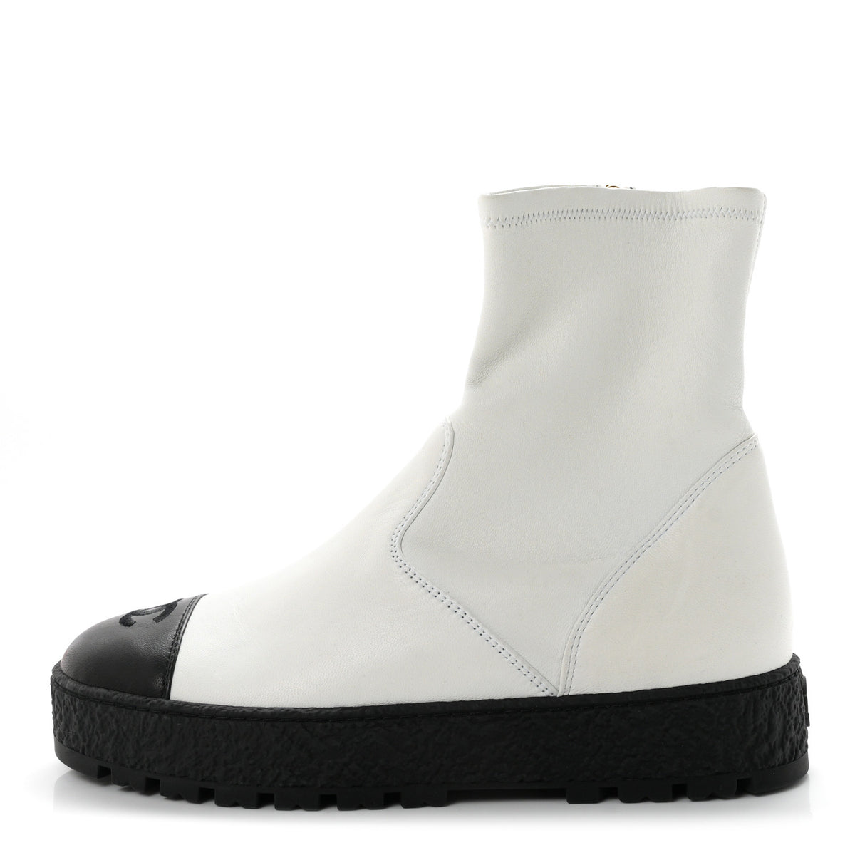 Stretch Lambskin Cap Toe CC Ankle Boots 38 White Black