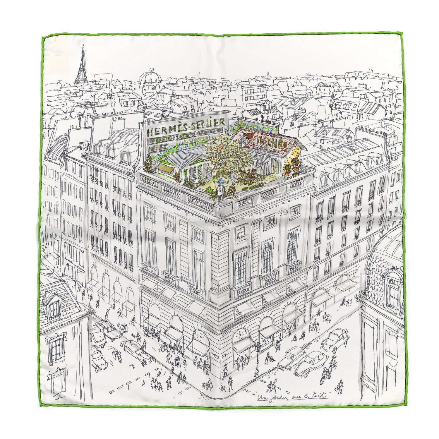 Hermes Silk Un Jardin Sur Le Toit Pocket Square White Jaune Vert 1 of 6