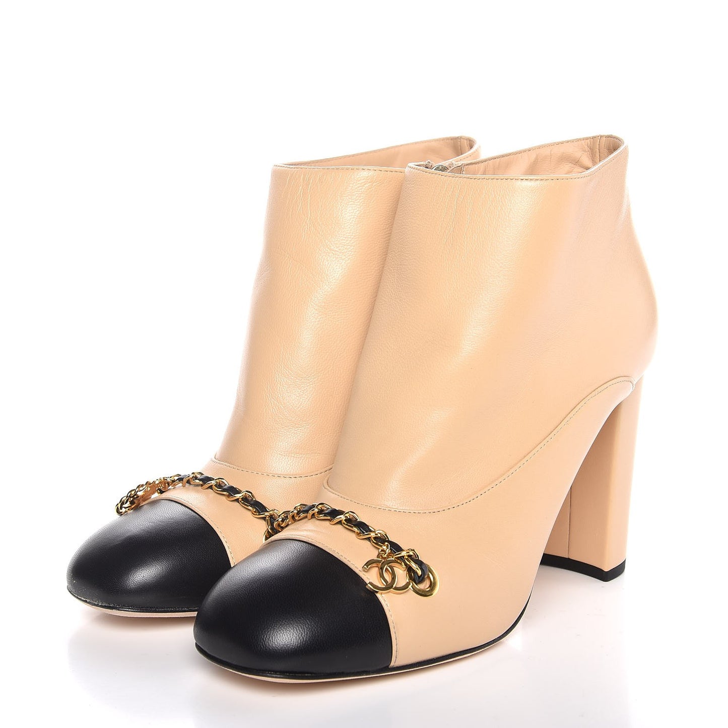 Lambskin CC Chain Cap Toe Short Boots 38.5 Beige Black