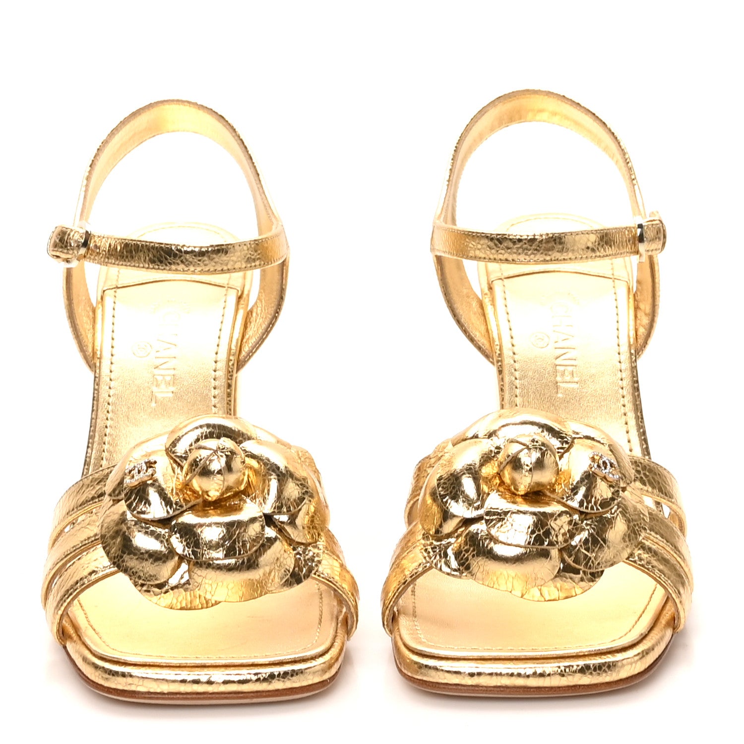 Chanel Crackled Laminated Calfskin Camellia Sandals 39.5 Gold 3 of 9