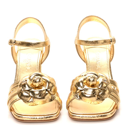 Chanel Crackled Laminated Calfskin Camellia Sandals 39.5 Gold 3 of 9
