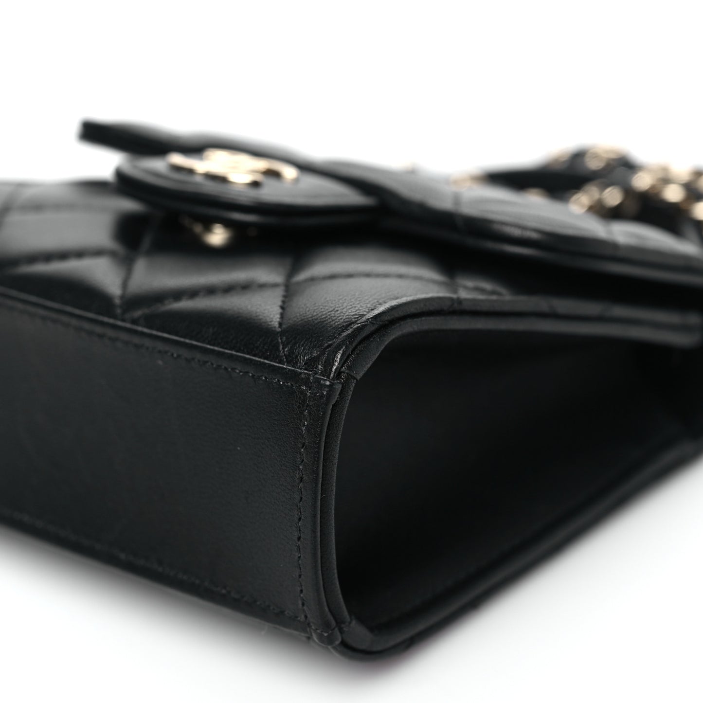 Lambskin Quilted Top Handle Flap Clutch With Chain Black