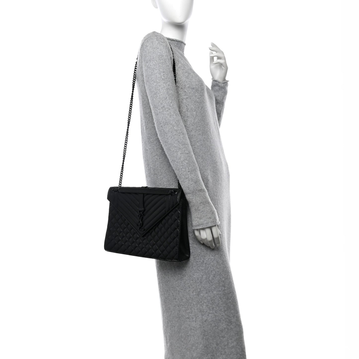 Grain De Poudre Textured Mixed Matelasse Large Triquilt Monogram Monochrome Satchel Black
