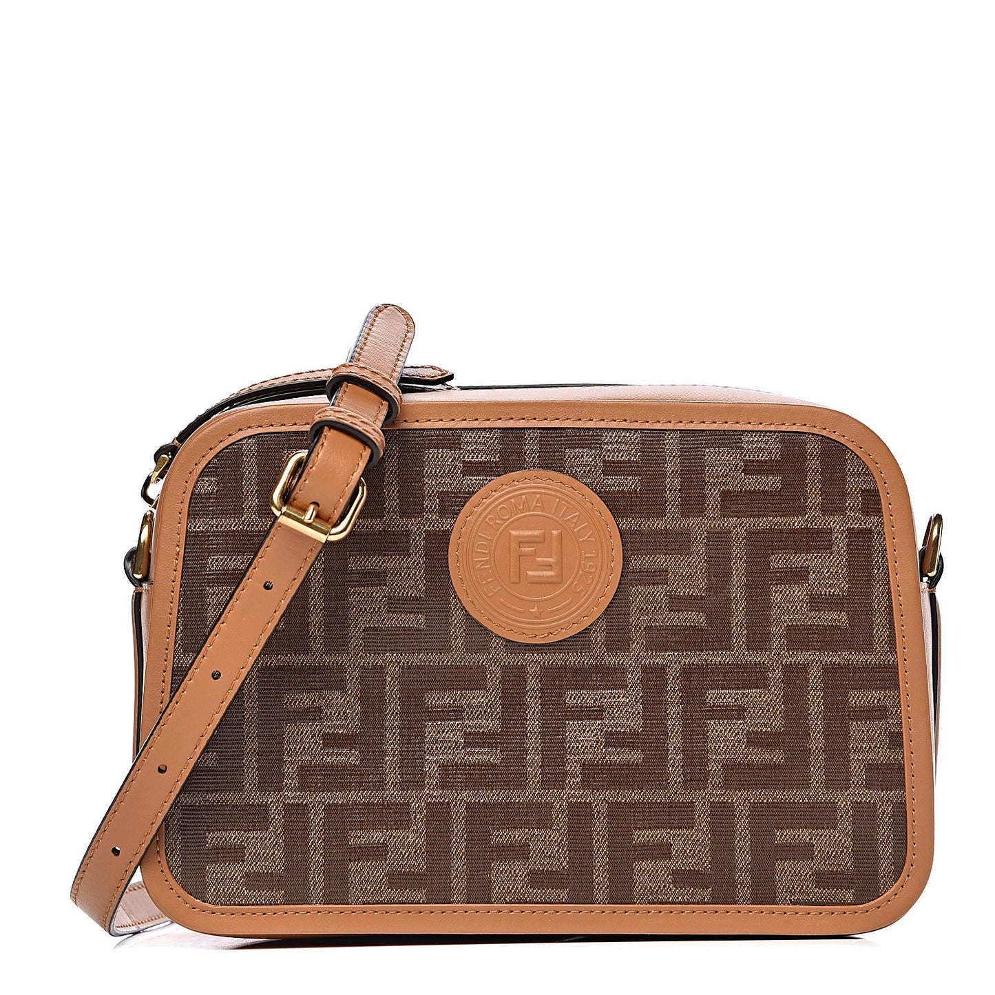Glazed Fabric Vitello Century FF 1974 Stamp Patch Camera Case Mogano Panna Caramello