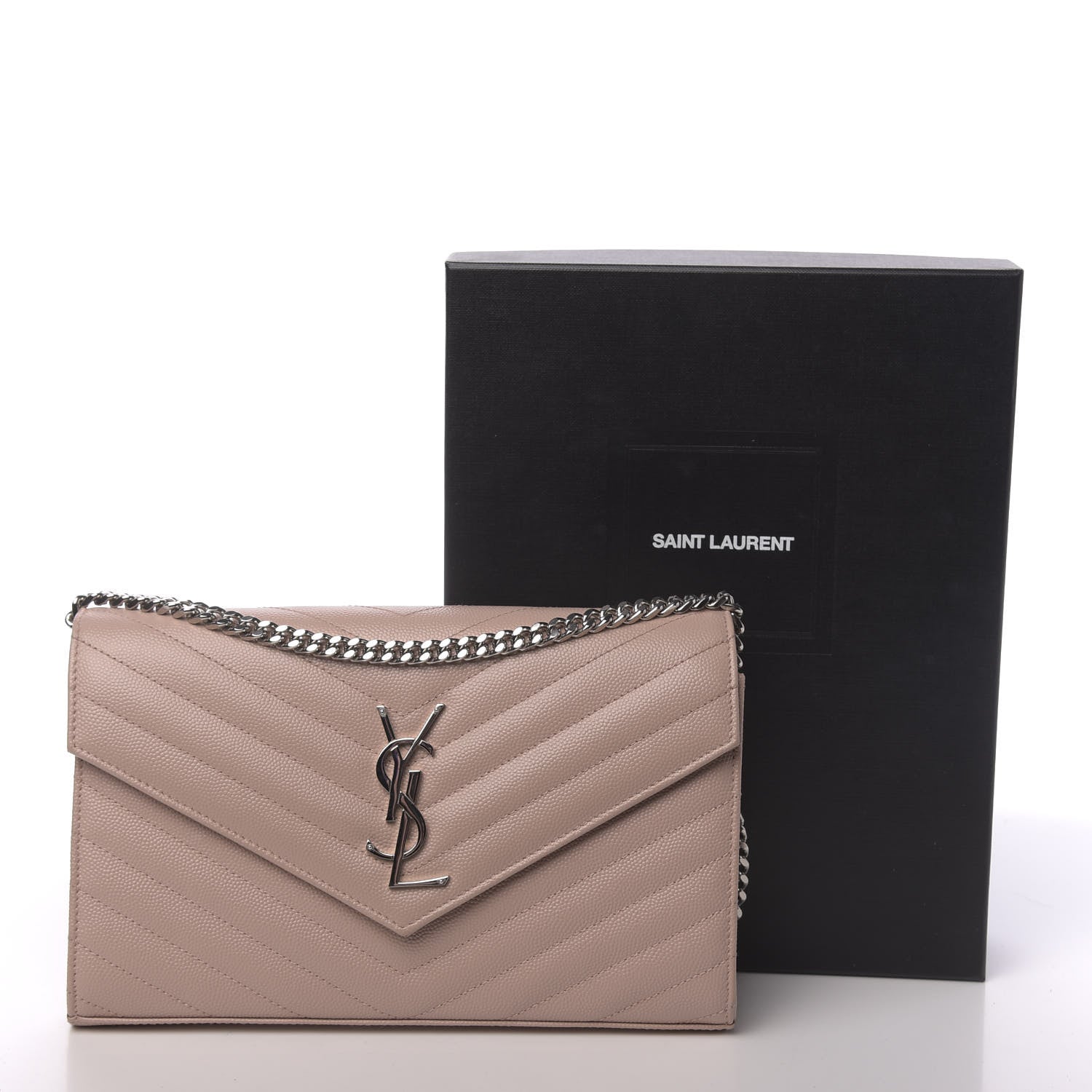 Saint Laurent Grain De Poudre Matelasse Chevron Monogram Chain Wallet Pale Pink 10 of 10