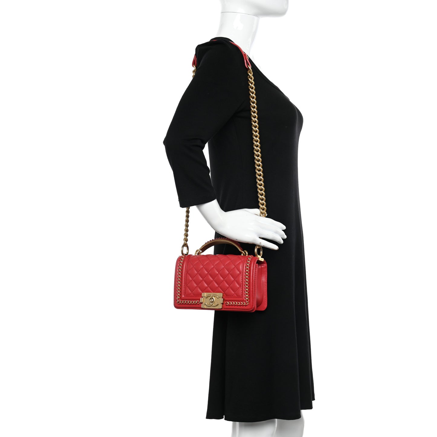 Calfskin Quilted Small Boy Top Handle Flap Red