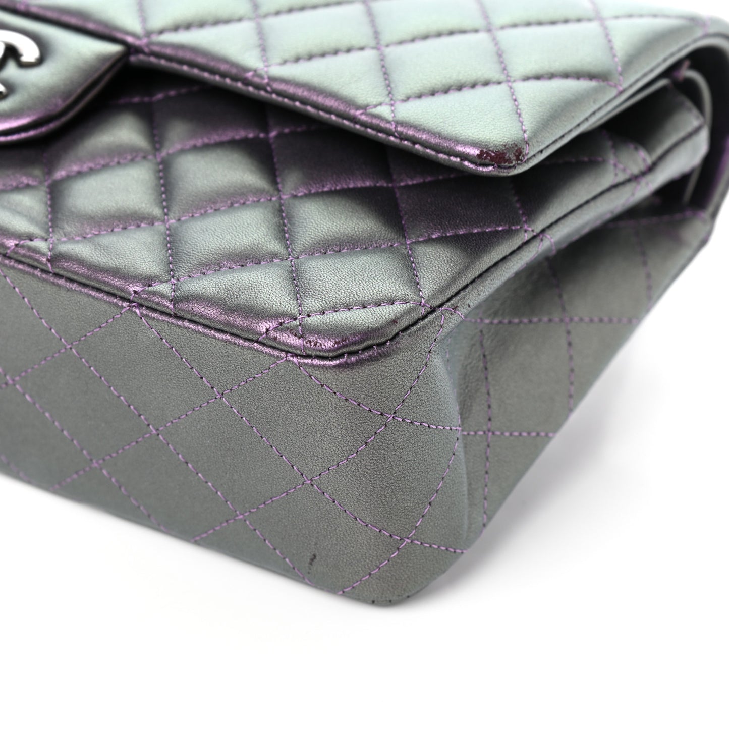 Iridescent Lambskin Quilted Medium Double Flap Dark Purple