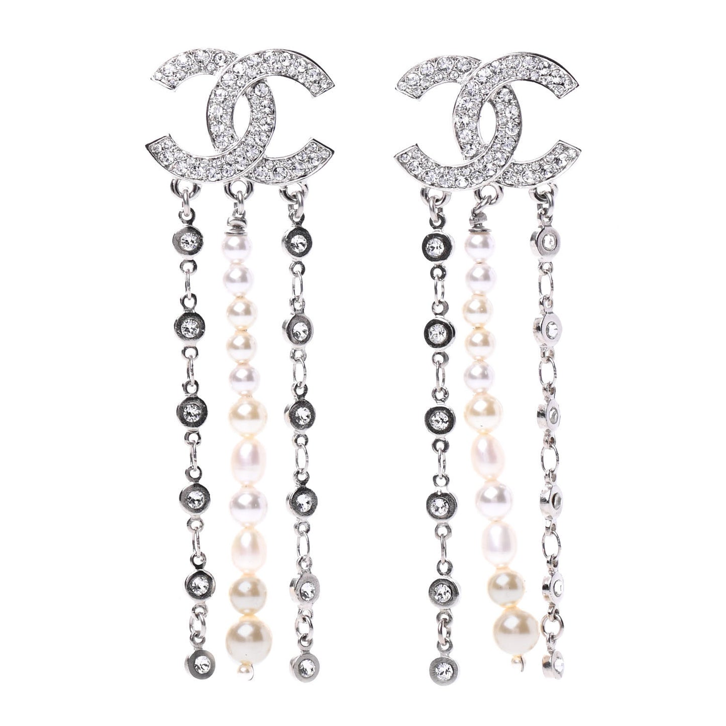 Crystal Pearl CC Drop Earrings Silver