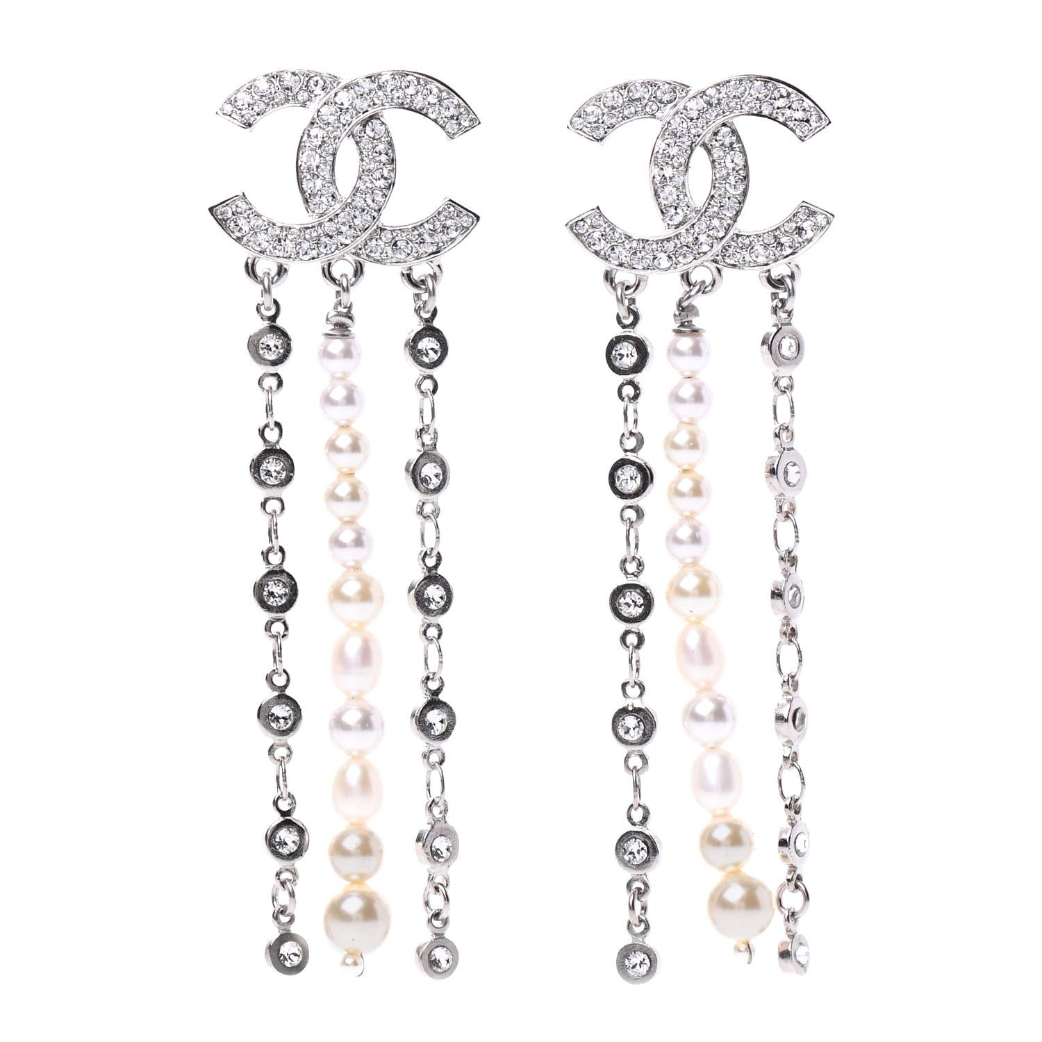 Chanel Crystal Pearl CC Drop Earrings Silver 1 of 4